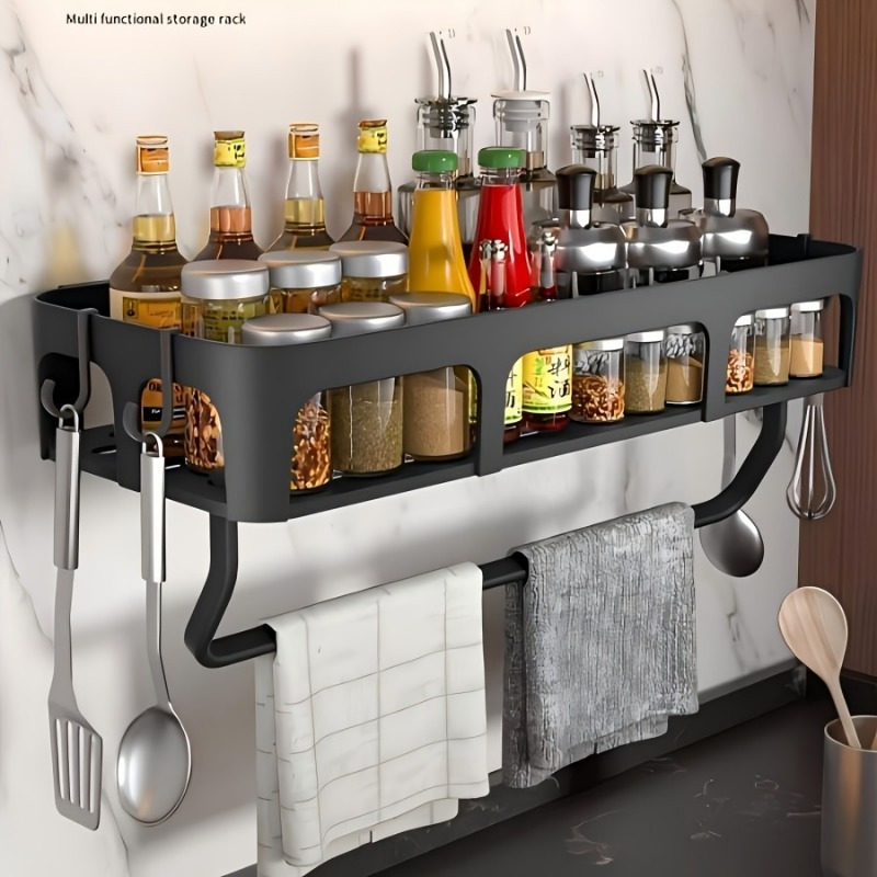 

Drillless Multi-functional Kitchen Storage Rack With Towel Hooks - Wall Mounted Organizer For Kitchen And Dining Room And Necessities, Bathroom Balcony Toilet Wall Storage Rack