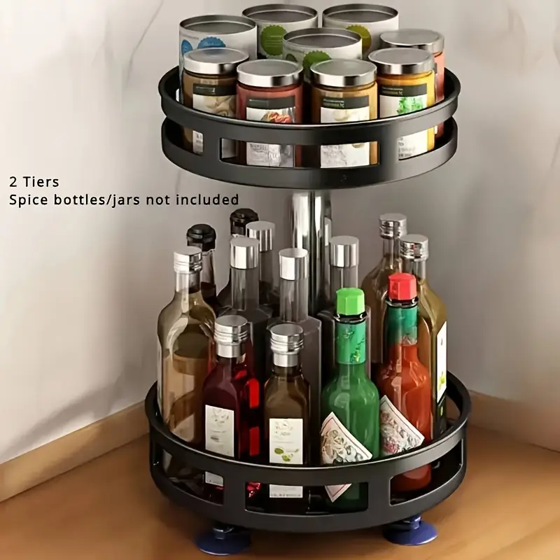 2 tier rotating kitchen storage rack multipurpose metal and plastic floor standing organizer for spices cosmetics kitchen pantry and bathroom metal pipes easy assembly utility racks Product details 4
