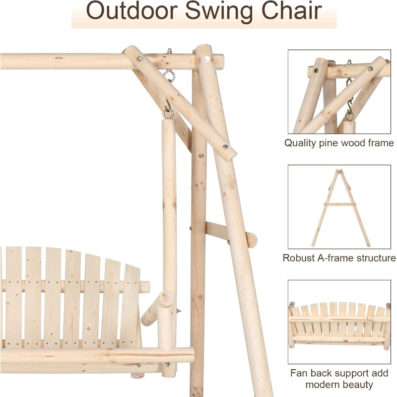 [Heavy Duty Swing] Bonnlo Heavy Duty 880 LBS Wooden Patio Porch Swing with A-Frame Stand, Hanging Swing Bench Chair with Frame for Outside, Yard, Garden (Rustic Sequoia Dusk/Natural)