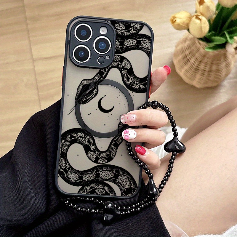 TEMU Phone Case - A Black Heart-shaped Bracelet Black Snake Pattern Magnetic Phone Case For Iphone17 16 15 14 13 12 11 Pro Max Xs Xr 7 Plus The As A