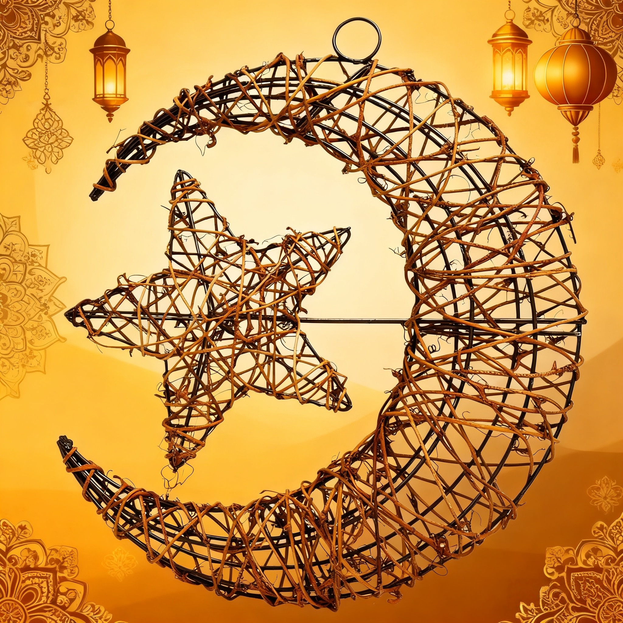 Image of 1pc Rattan Ramadan Crescent Pendant, 11.8-inch Retro Country Style, Handmade, Suitable For Decoration, Wall Hanging, Essential Ramadan Decoration, Holiday Gift