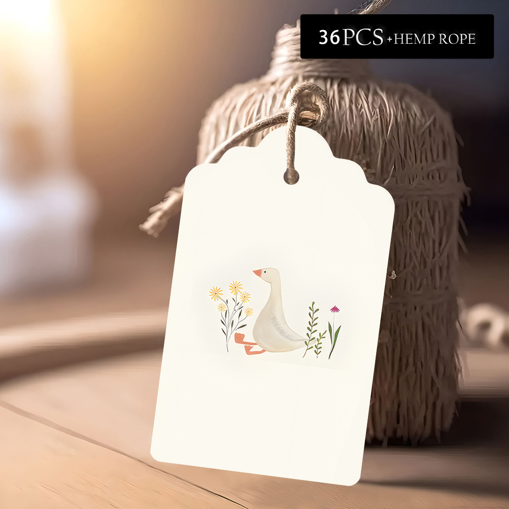 TEMU 36pcs Farm Goose Floral Tags With Hemp Rope, Yellow Daisy Wild Solid Pale Background Minimal Warm Illustration Design, Suitable For Bags, Boxes,