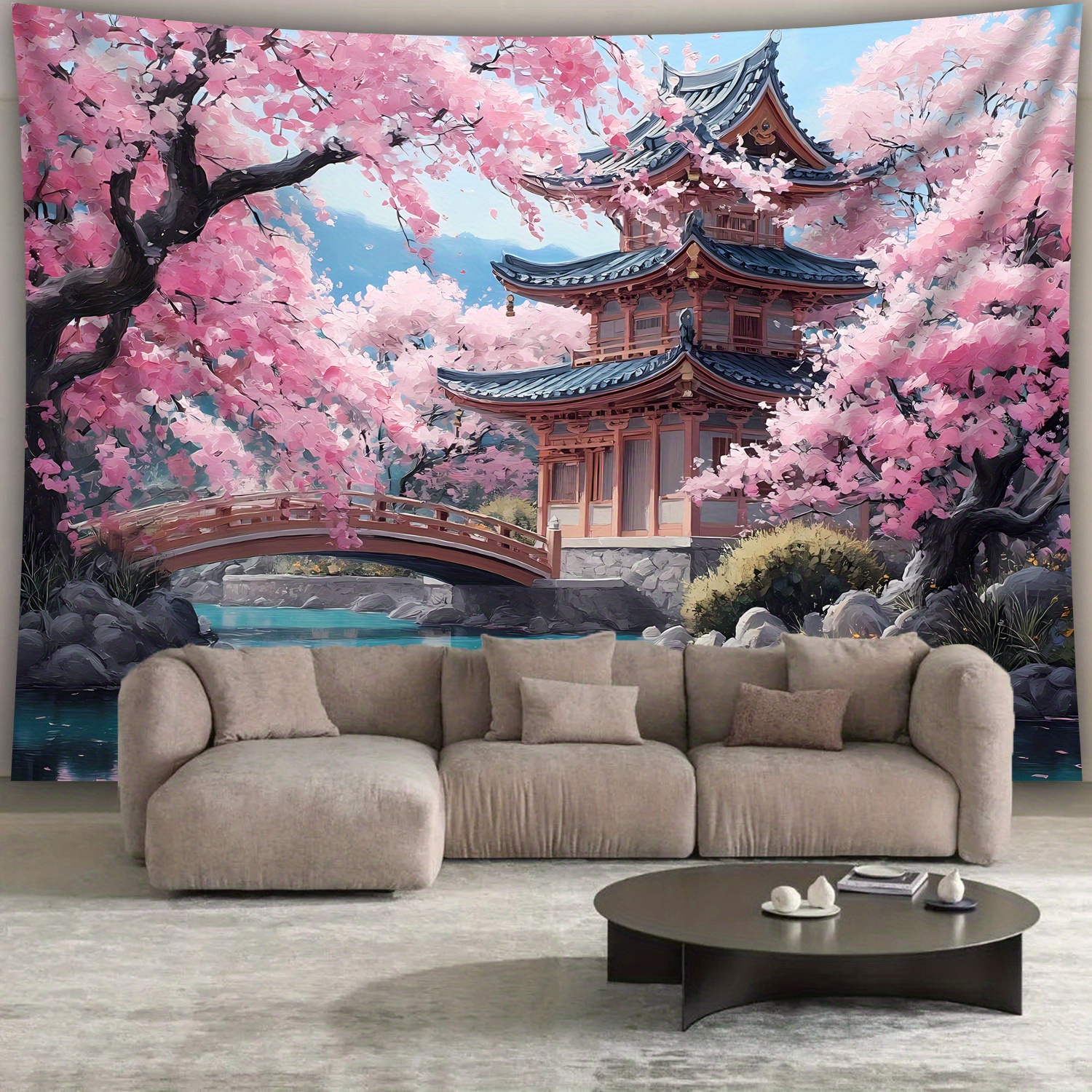 TEMU 1pc- Ultra Large Size- Elegant Cherry Pagoda Lake Landscape Photo Huge Digital Printing Tapestry, Aesthetic High-definition Printing Polyester-