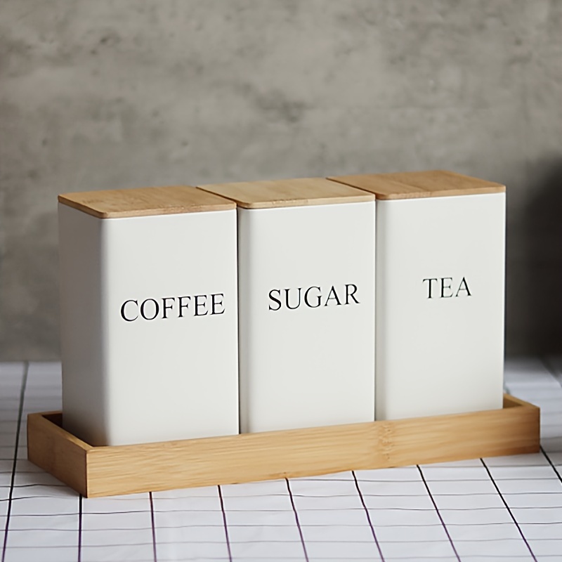 

3pcs Tea, Coffee, Sugar Combination Set Storage Boxes, Can Store Tea, Coffee, , Candy, Etc., Kitchen Storage Set, With Bamboo Lid - Metal Storage Container