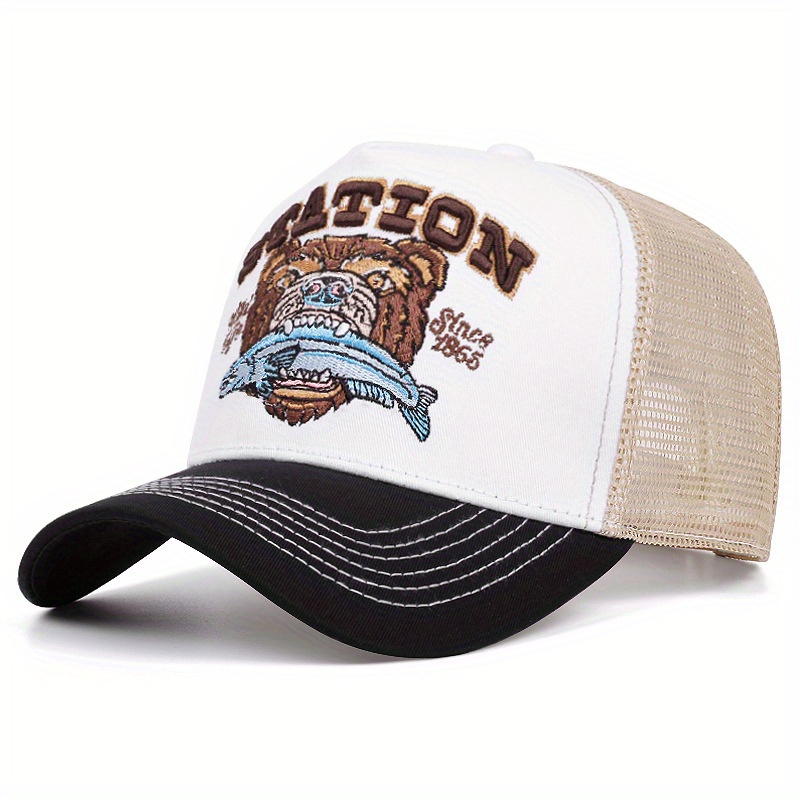 Retro Bear Head Print Baseball Cap Unisex Breathable Mesh Contrast Color Trucker Hat