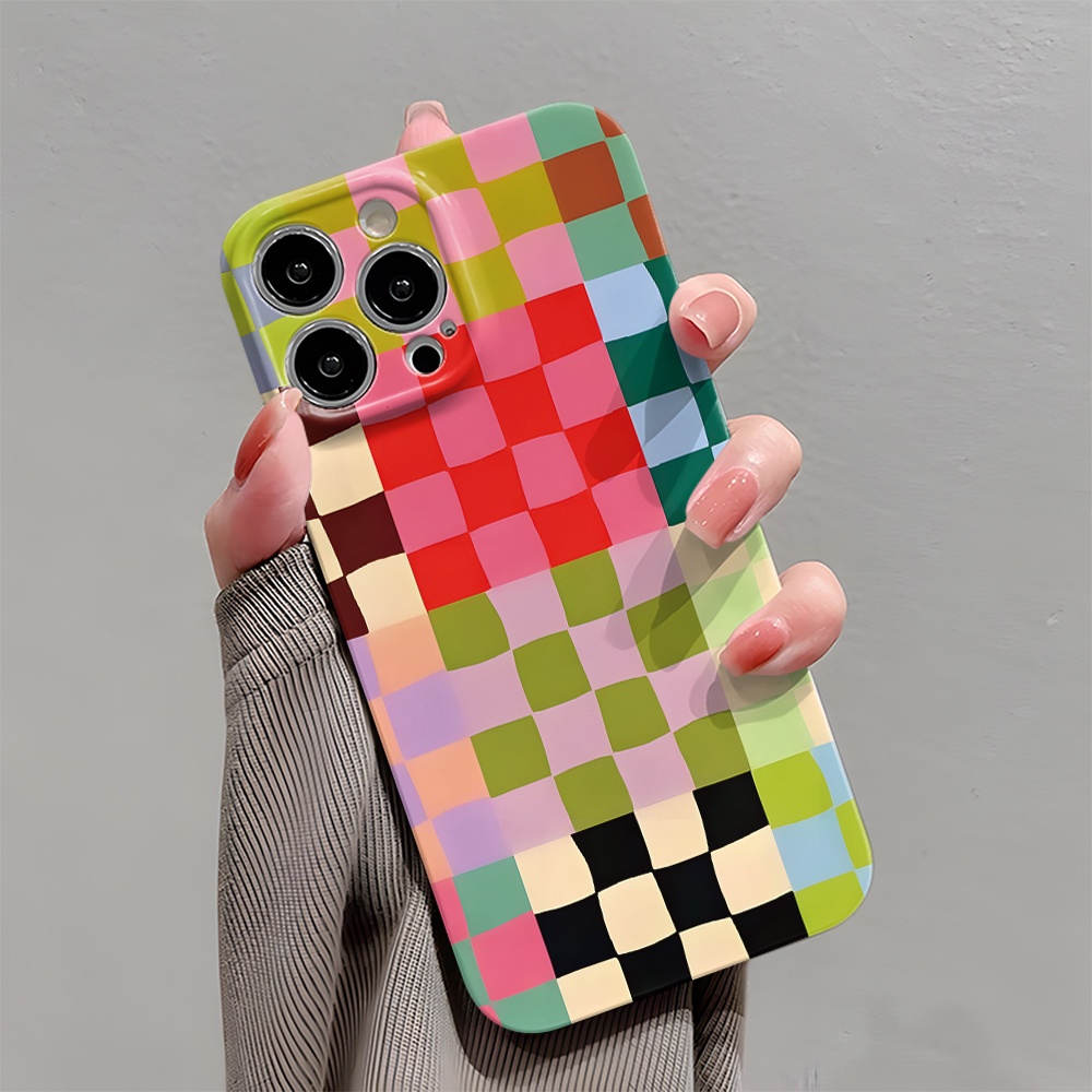 TEMU Phone Case - Festive Christmas Colorful Plaid Elegant Design Slim Phone Case, Fully Protective Shockproof Hard Cover, Compatible With For Iphone
