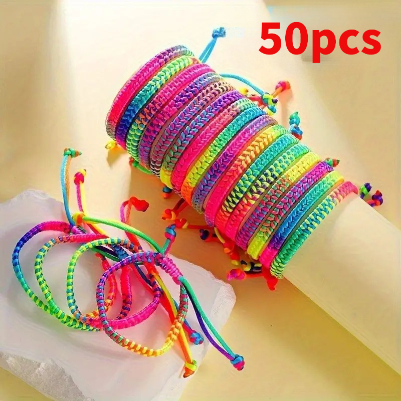 TEMU Set Of 50 New, Contemporary Handmade Woven Bracelets In Assorted Colors, Featuring A Rainbow Gradient Design. Lightweight, Portable, And
