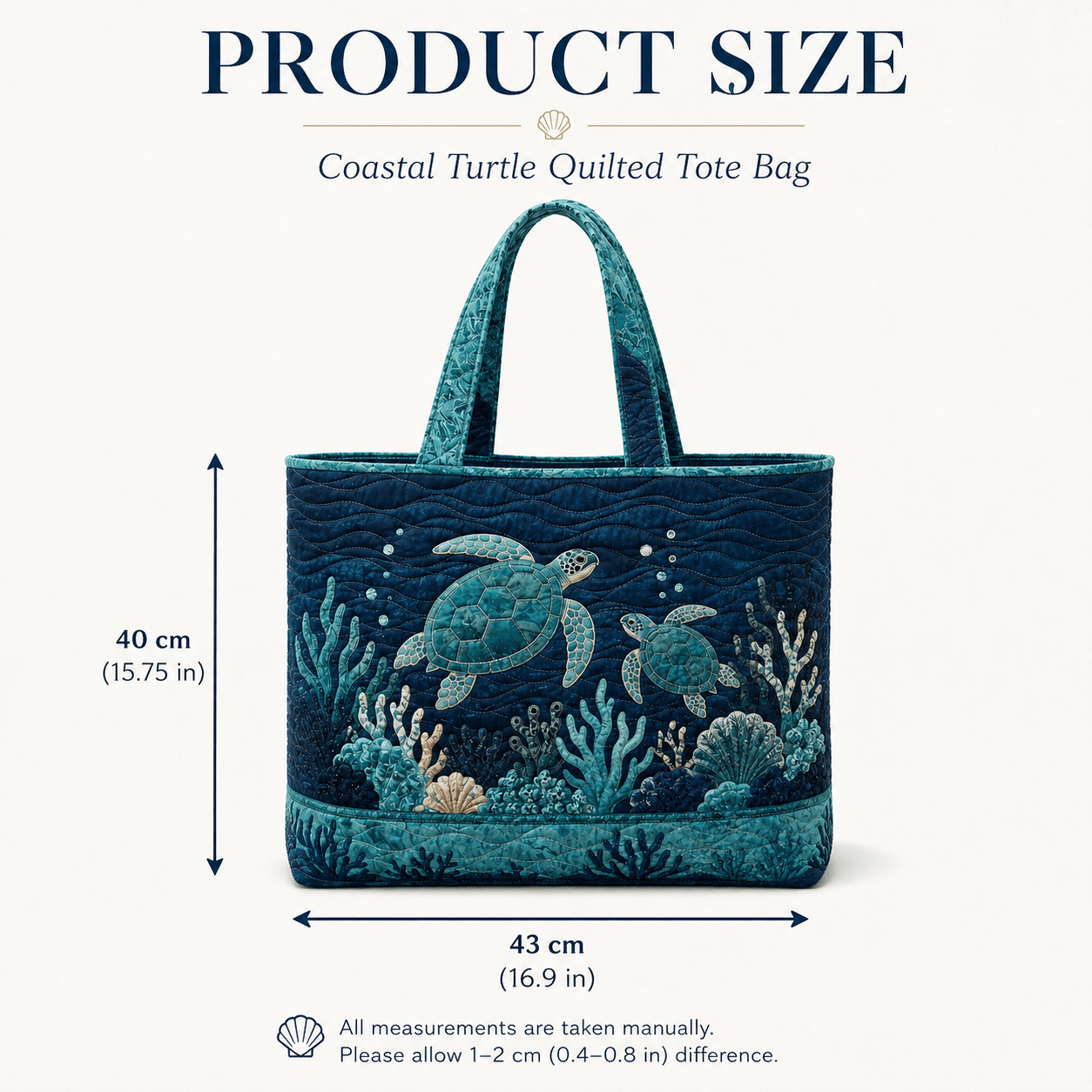 TEMU Women's Large Capacity Quilted Tote Bag With Teal Navy Sea Turtle & Design, Soft Ocean-themed Handheld Bag For Travel, School, Gym, Work,