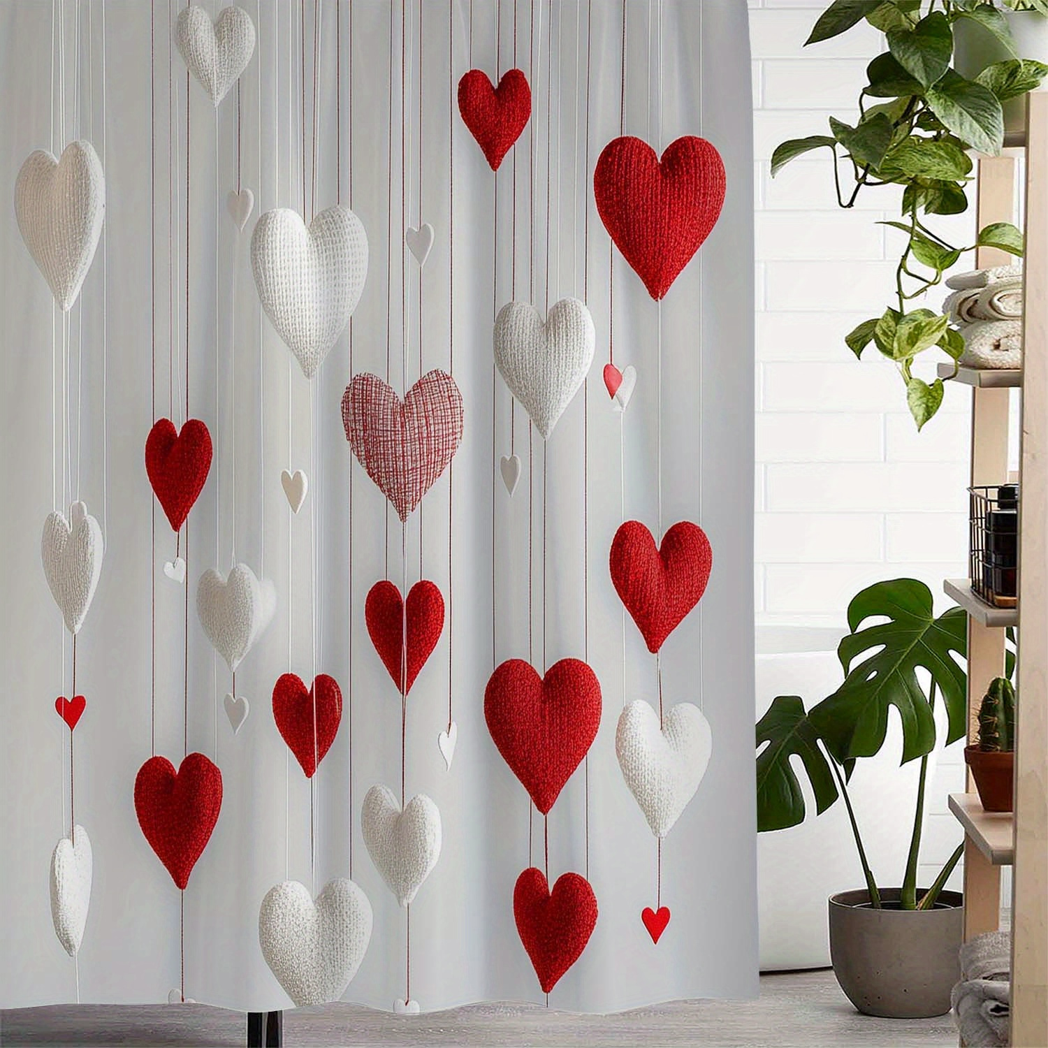 

1pc Valentine's Day Red & Print Waterproof Shower Curtain With 12 Hooks, Polyester Woven, Machine Washable, Artistic Theme, Water-resistant Window Curtain