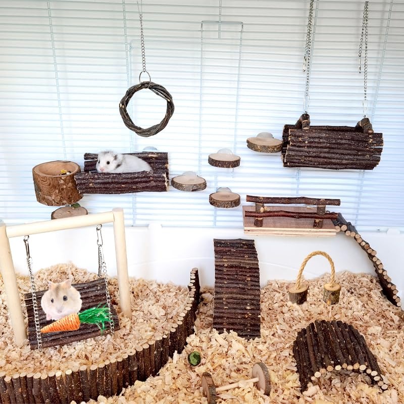 10pcs Rabbit Toys Guinea Pig Toys And Additions for Cage Food Hay Apple Sticks Treats And Chews Rattan Ball Swing Wheel Ramp Hideout Wood Bed Supplies Play Set