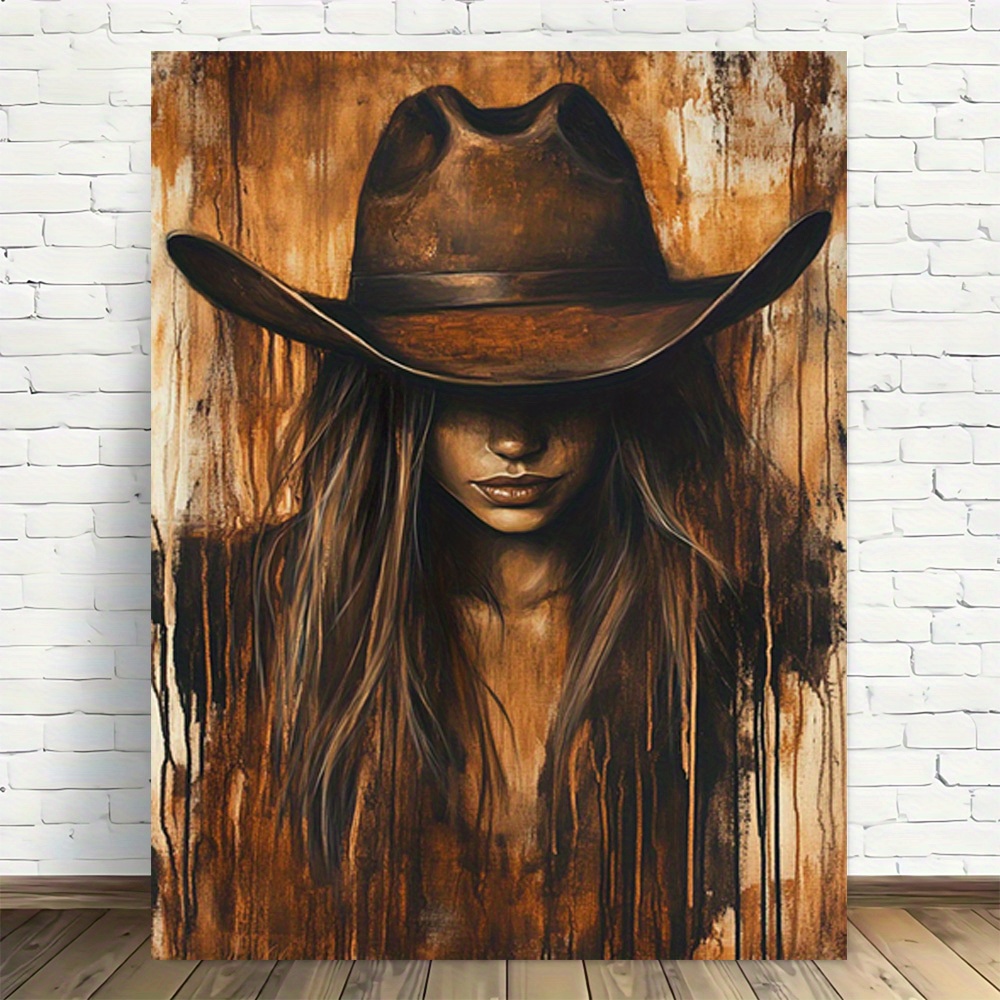 TEMU 2d Flat, 2d Flat, 2d Flat Western Cowgirl Hat Canvas Wall Art - Modern Vintage Cowgirl Poster, Wrapped Unframed, Office Decor, Suitable For