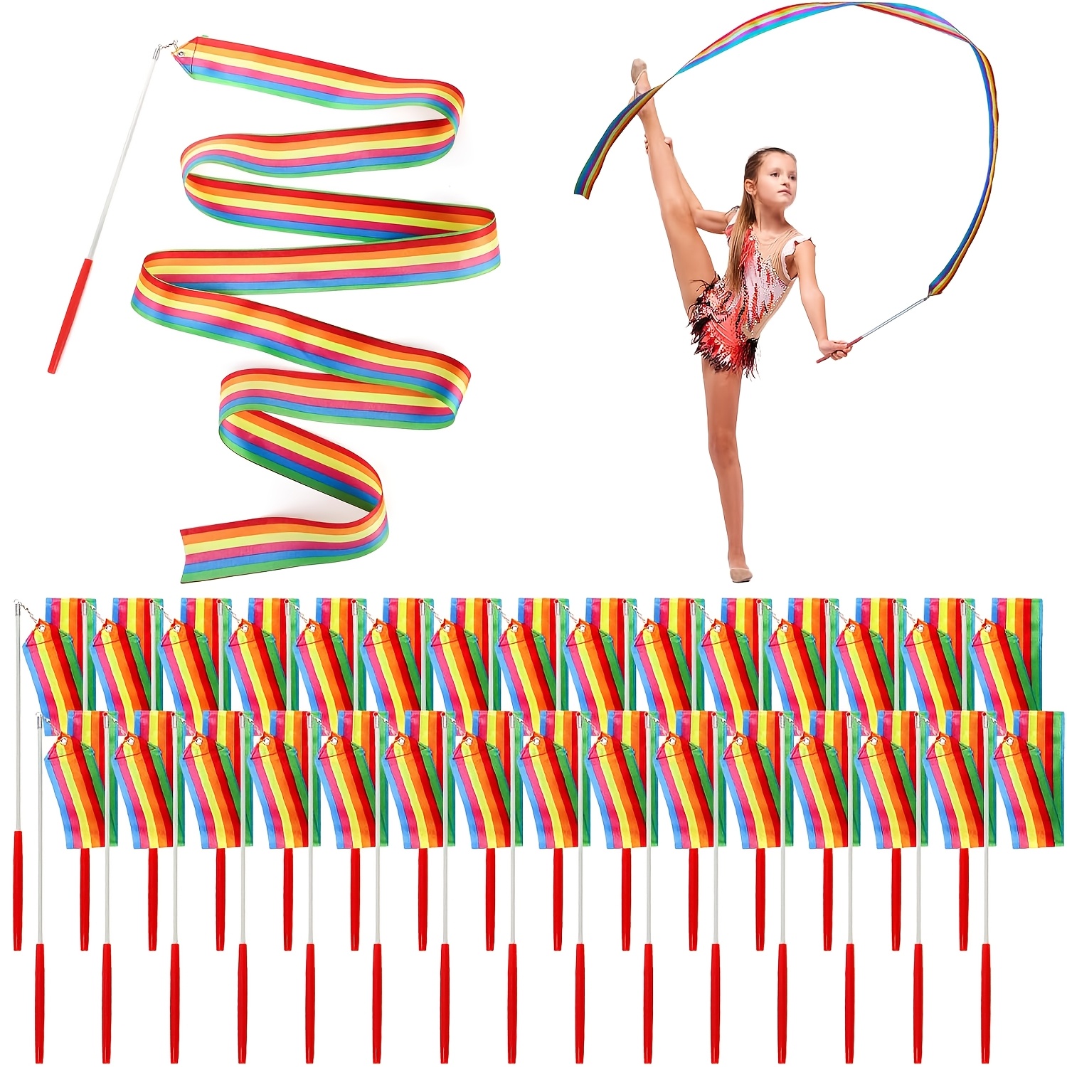 Image of 30-pack Tulle Dance Ribbons 6.6 Ft Rhythmic Gymnastics Dancing Wands, Rainbow Kid Birthday Party Favor Supplies, Gymnastics Easter Baskets Stuffers For Girls