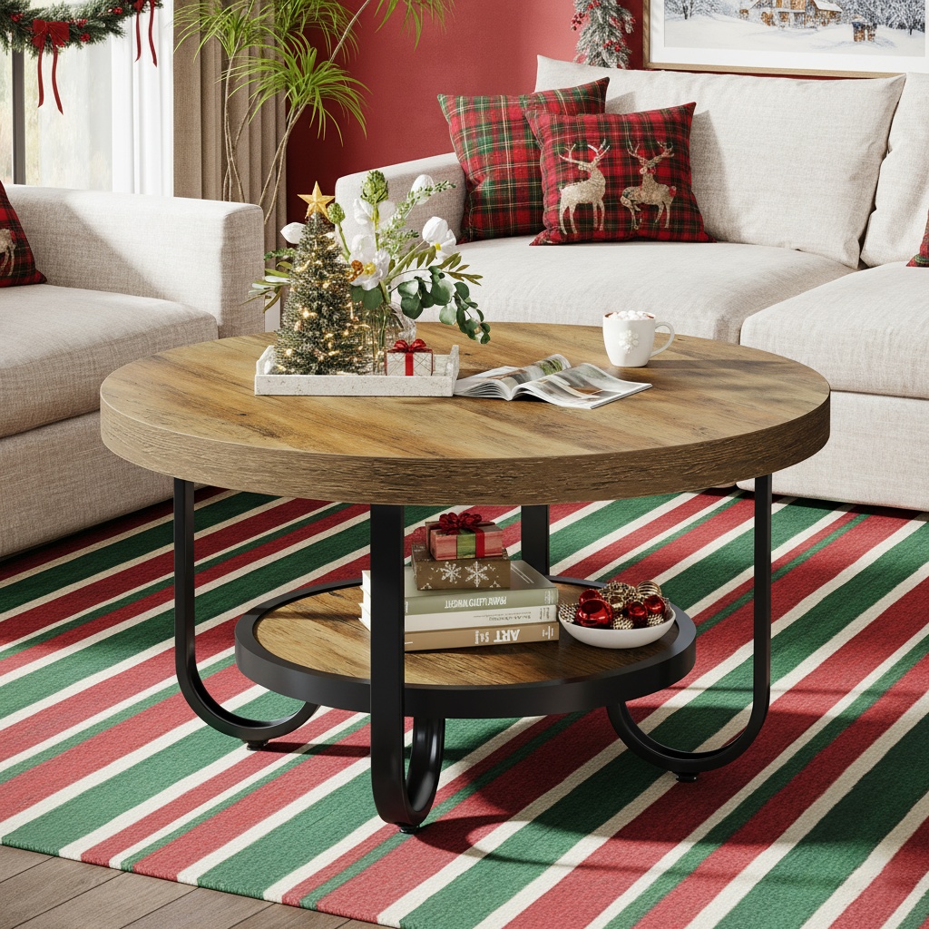 31.1-inch 2-tier Round Coffee Table, Center Cocktail Table With Storage Shelf, Sturdy Curved Metal Legs, 2-tier Round Christmas Coffee Table, Brown