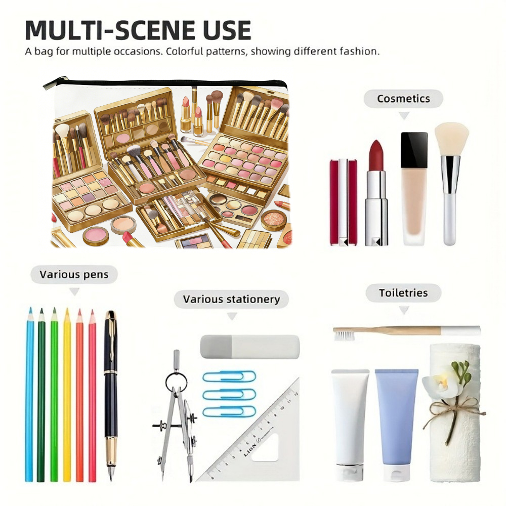 A Single Portable Bag Featuring a Golden Palette, Brushes, Lipstick, Eyeshadow, Foundation, Blush, And Setting Powder Design. It'S Lightweight, Foldable, Zippered, And Makes a Perfect Gift for Makeup Lovers with Its 2D Flat Print