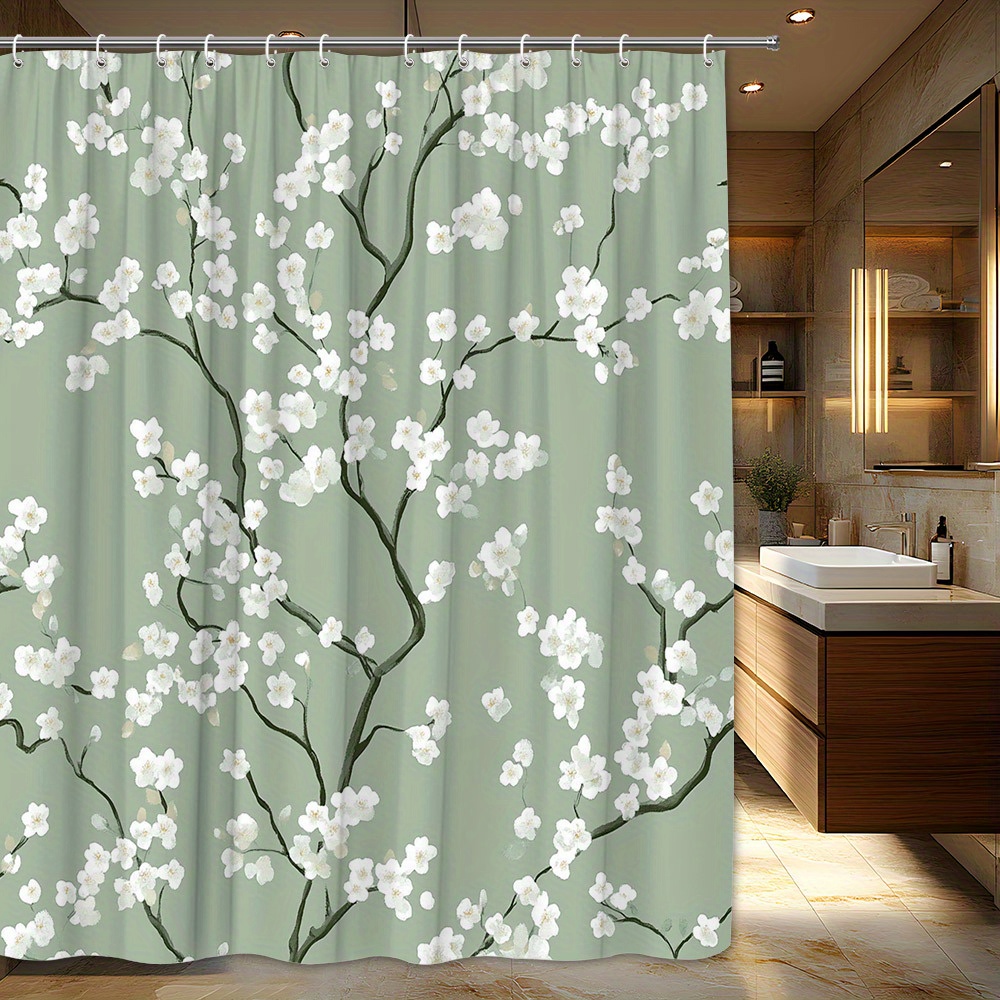 TEMU 1pc Cherry Shower Curtain - Soft Muted Green Background, Minimalistic Japanese With Branches & White Blossoms, Polyester Fabric, 70.87x70.87