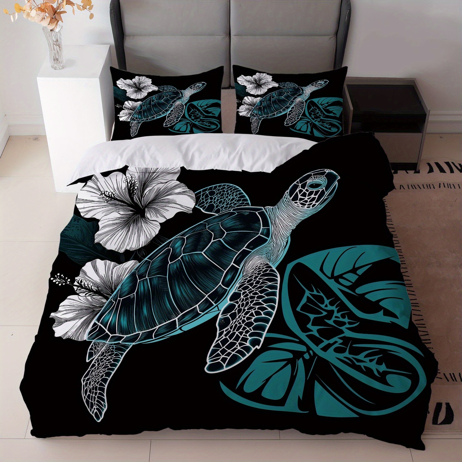 TEMU Set Of 3 Bedding In Black And Teal With Turtle Design (includes 1 Duvet Cover And 2 Pillowcases, Core Not Included) - Tropical Floral Theme For