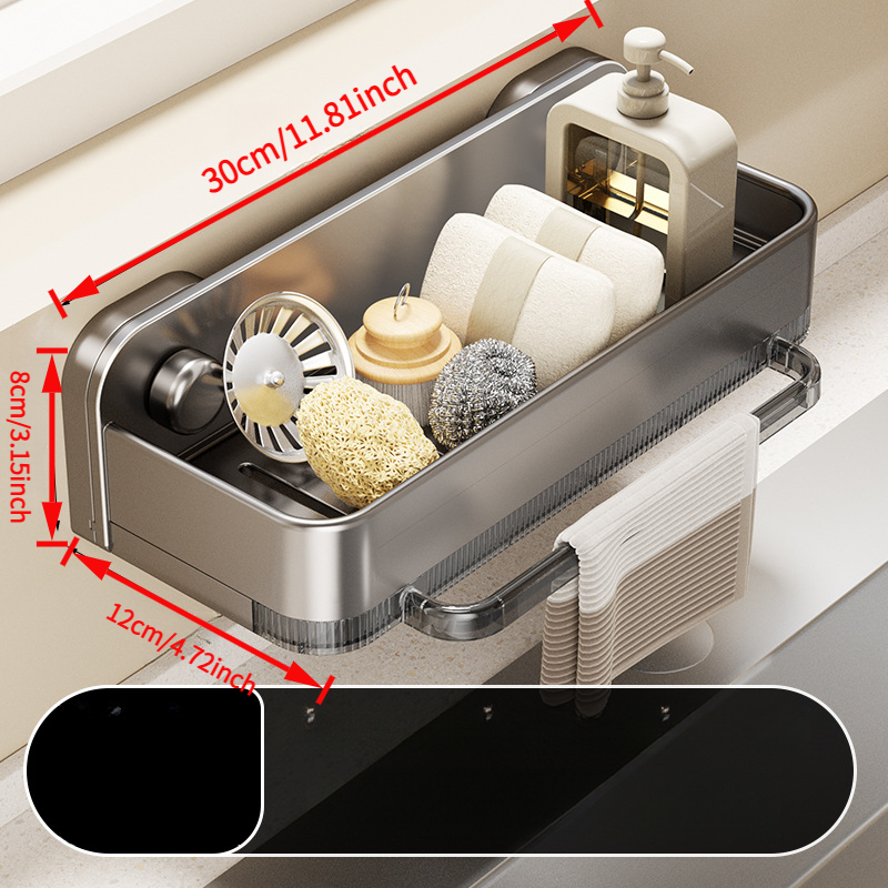 Image of Suction Cup Sink Caddy Organizer, Wall Mounted Dish Drying Rack With Sponge Holder For Kitchen Faucet - No Drill Storage For Sponges, Scrubbers, Cloths And Brushes