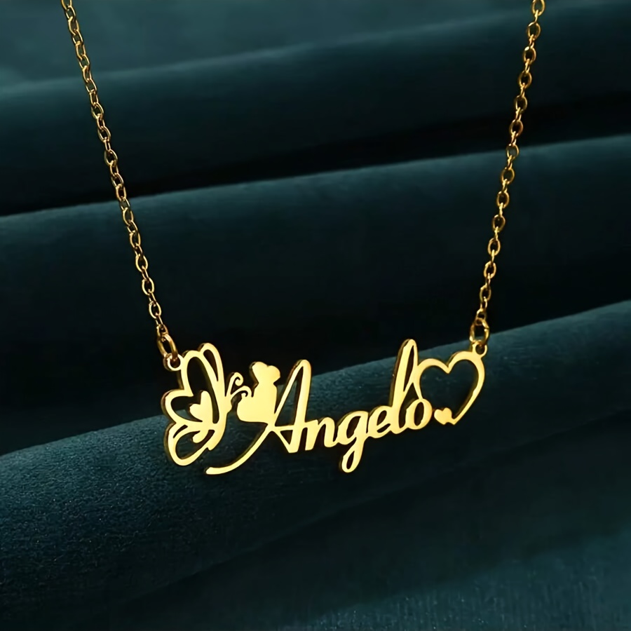 TEMU A Personalized Necklace Featuring A Golden And Silvery Design With A Unique And Heart Name Pendant - Stylish And Sexy 304 Stainless Steel, 18k