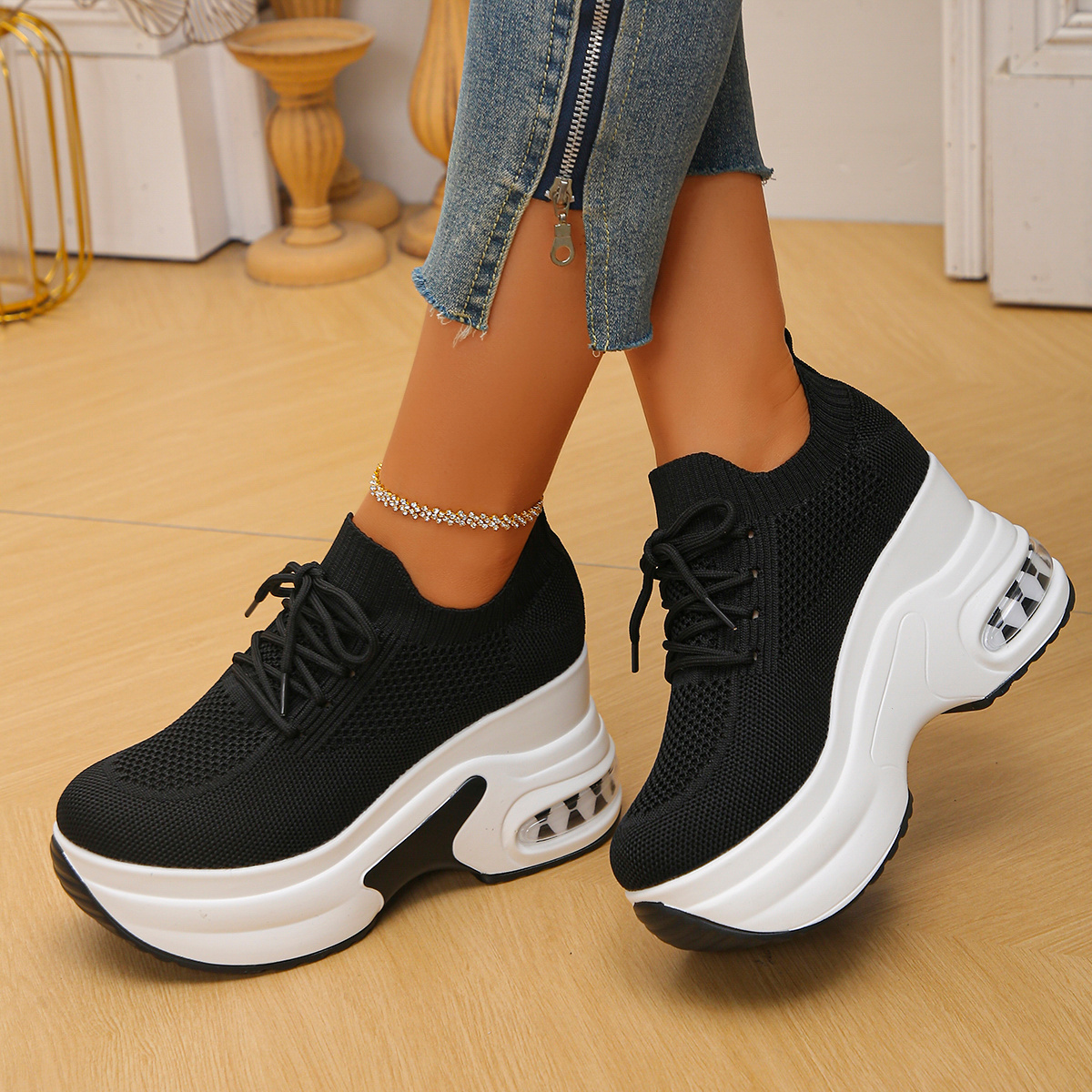 TEMU New Women's Outdoor Light Luxury Textured Fly-woven Breathable Platform Height-increasing Shock-absorbing Shoes, Height-enhancing,, Versatile
