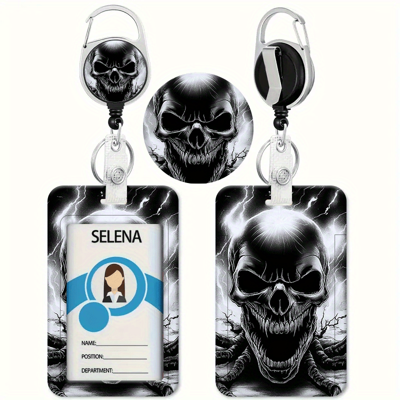 E-shop T-Shirt mit Blitz-Schädel-Design, , Blitz umgebenes Schädelmuster, Kartenhalter, einziehbare Schnalle, Abzeichen-Lanyard - ID,