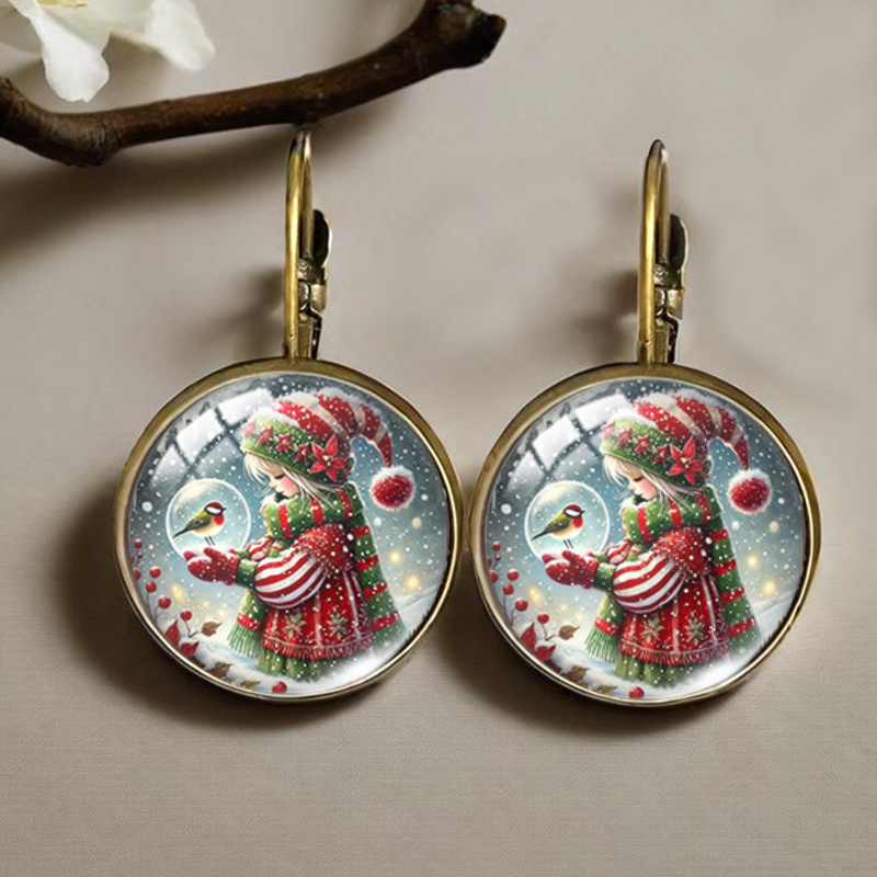 TEMU Pendientes retro hechos a con imágenes vintage de elfo navideño y pescadora en vidrio , regalos modernos para , sin batería