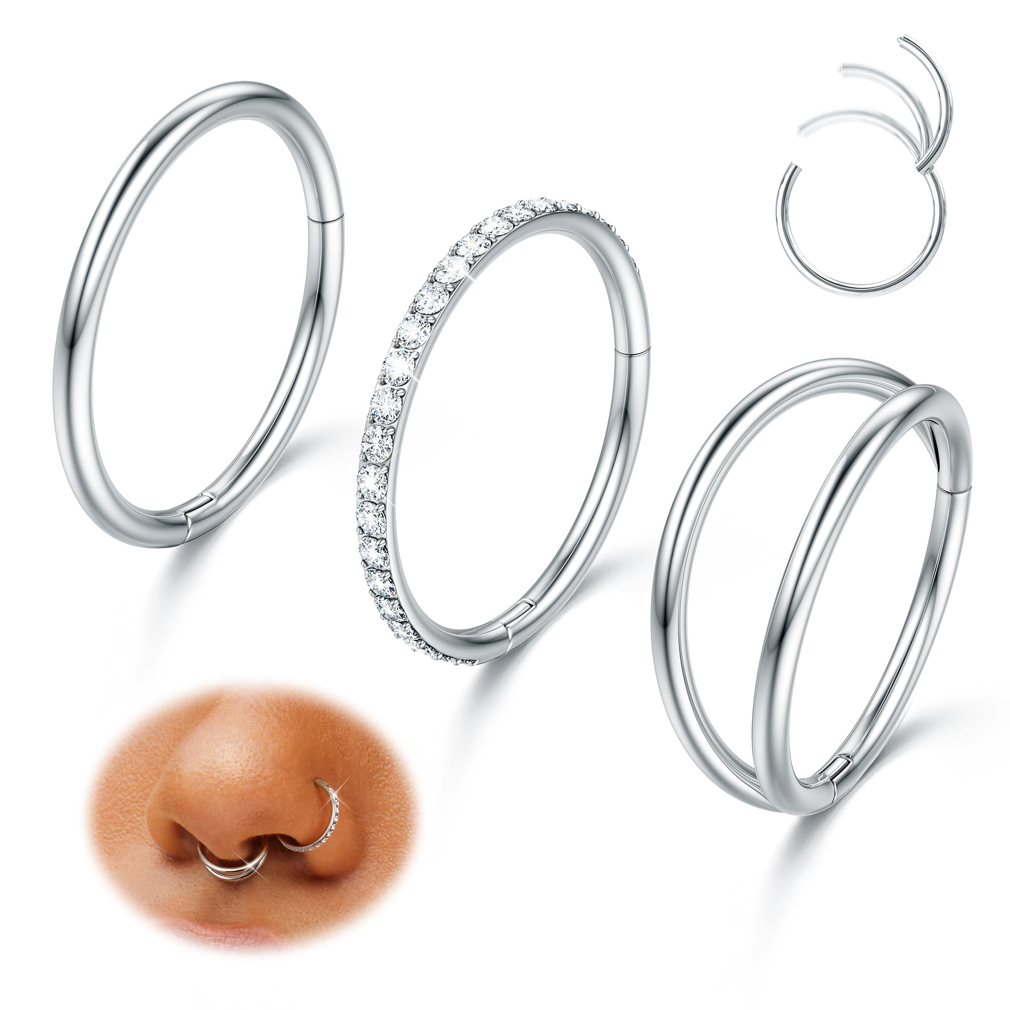 Image of 3pcs G23 Titanium Nose Rings Hoops 16g 18g 20g Septum Rings Hinged Clicker Opal Cz Double Hoop Nose Ring Cartilage Conch Rook Daith Helix Nostril Piercing Jewelry For Women Men Nose Piercing Kit