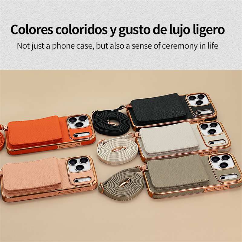 Phone Case: Business PU Lychee Texture Flip Cover Card Holder with Multiple Card Slots, Stand Function, Crossbody Strap, and Full-Body Protective Case with Plated Frame for Apple iPhone 17 Pro Max/17 Pro/17 Air/17