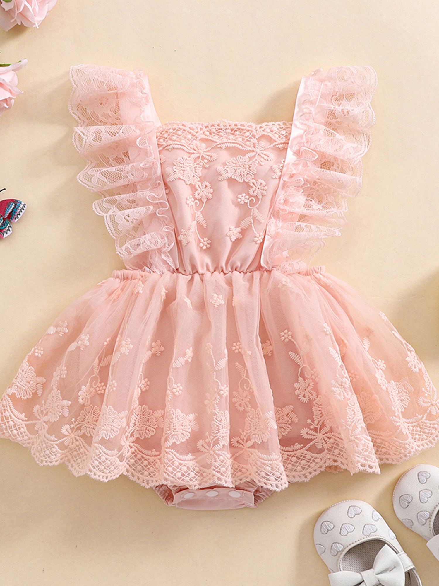 Girls' Light Blue Lace Romper Dress Sleeveless Bodysuit with Floral  Embroidery Detail Casual Summer Wea