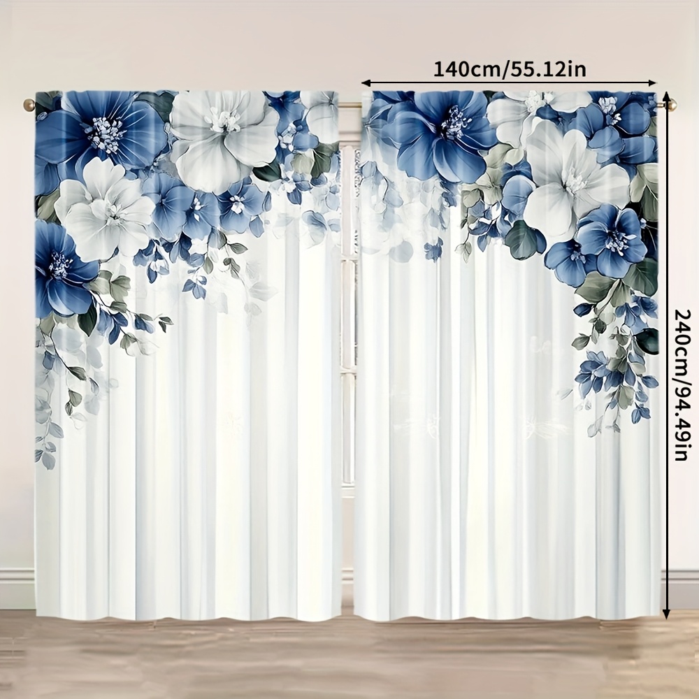TEMU 2pcs Set Of Elegant Blue And White Floral Curtains - Multi-functional Polyester Fabric With Rod , Light-transmitting Effect Suitable Bedroom,
