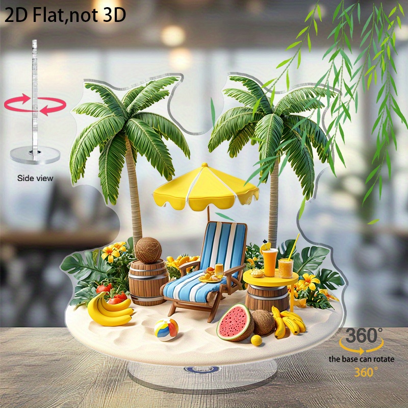 TEMU Ornement de bureau plat 2D en acrylique, 1pc Scène de plage avec palmier et décoration de table en cristal rotatif, convient pour la décoration