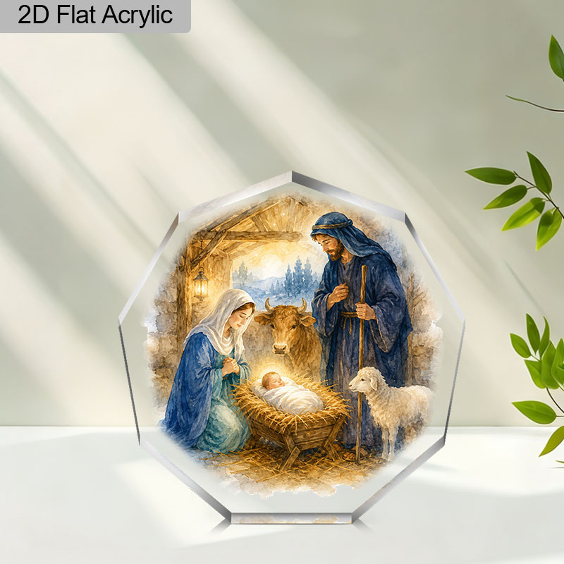 TEMU 2d Flat, 2d Flat Religious Christmas Acrylic Plaque Sign, Holy Family Nativity Scene Manger Watercolor Print, Octagonal Tabletop Ornament