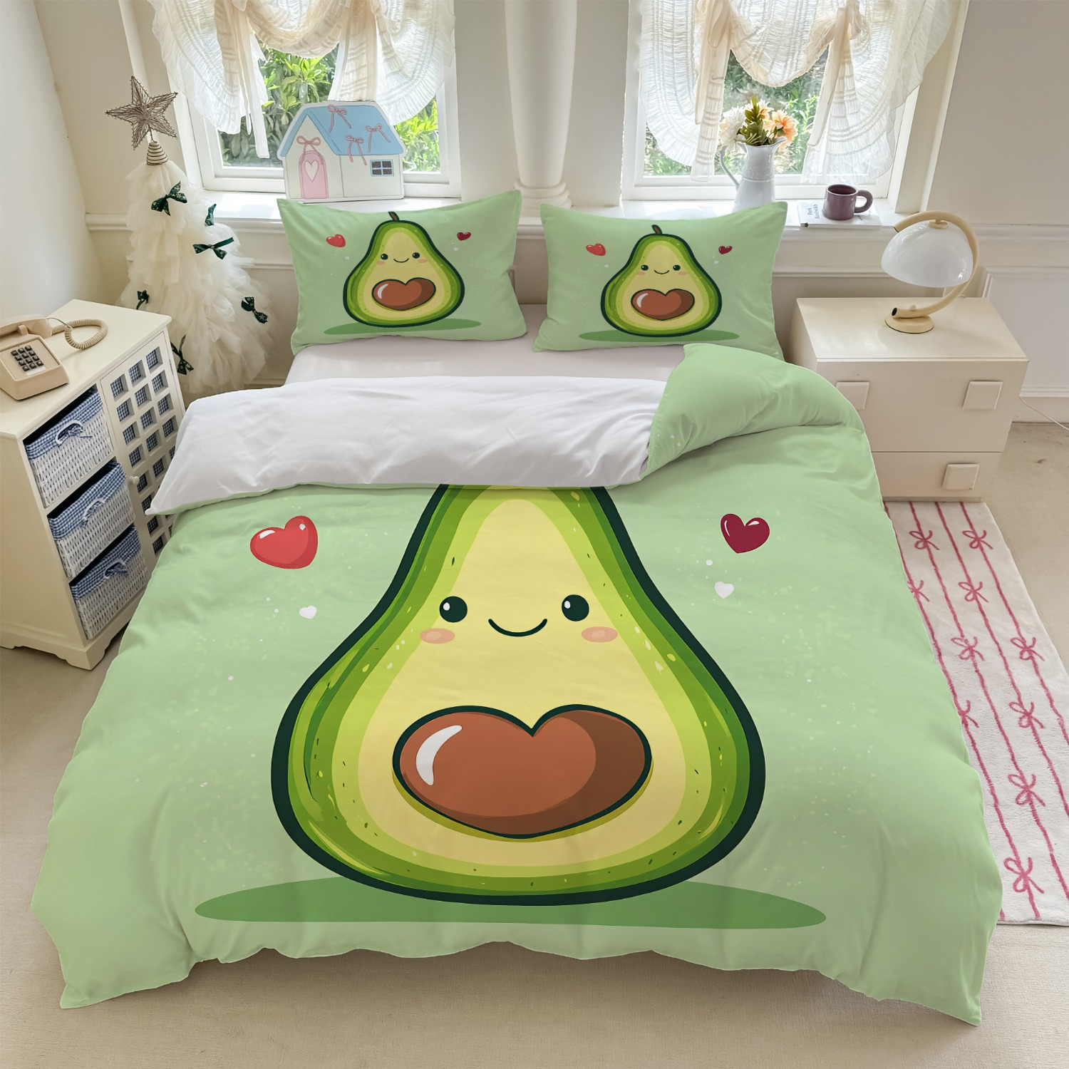 TEMU 3-teiliges, bezauberndes Avocado-Bettset mit grünem Cartoon-Design (Bettbezug und 2 Kissenbezüge, Füllung nicht enthalten), geeignet für ein
