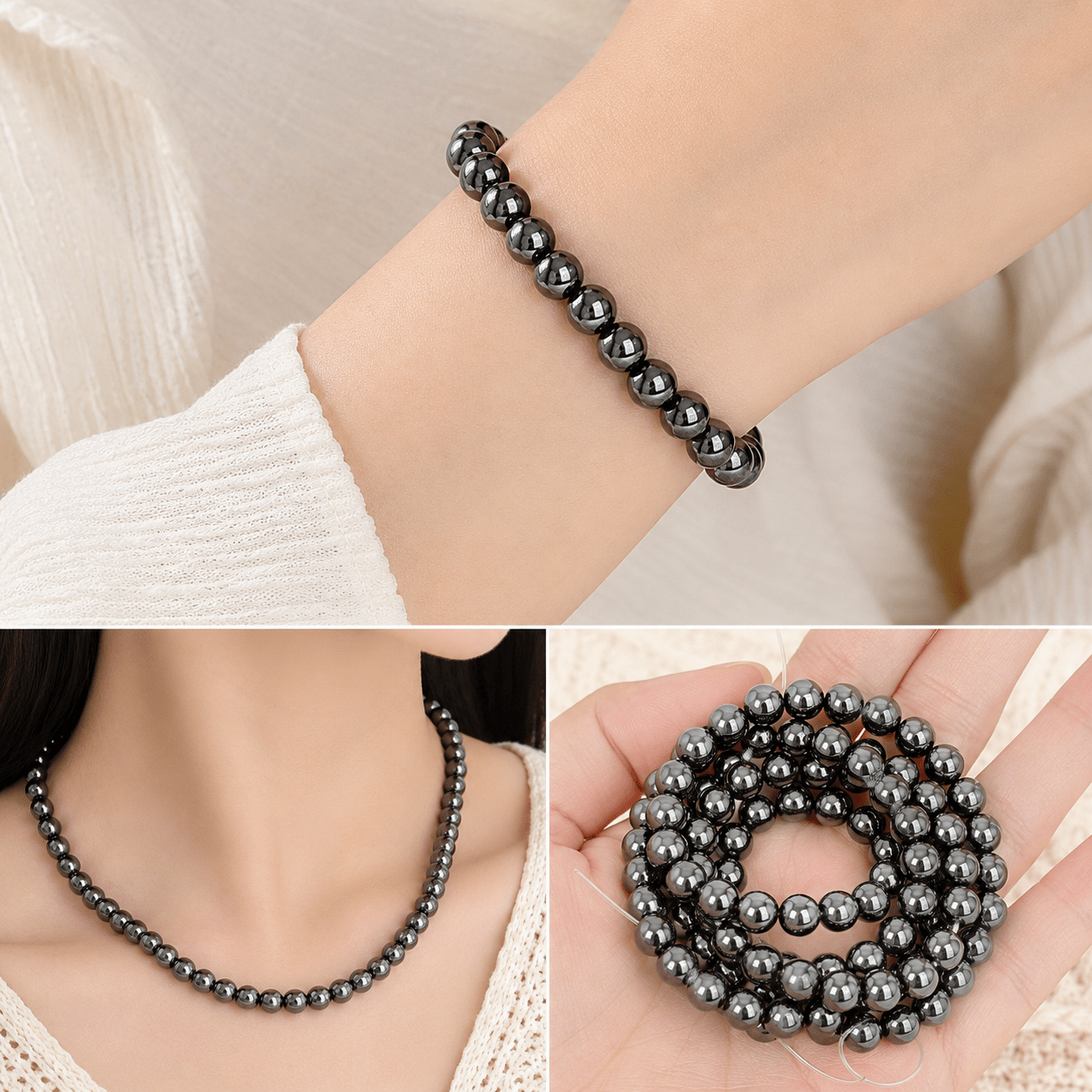 TEMU Perles rondes en hématite noire, perles d'espacement lisses et libres pour bracelets DIY, et fabrication de bijoux faits main pour débutants