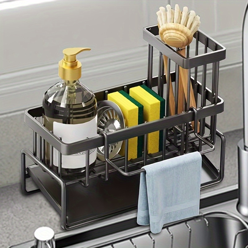 TEMU Stainless Steel Kitchen Sink Organizer With Detachable Brush Holder - Self-draining Countertop Storage Rack For Sponges, Scrubbers, Detergent