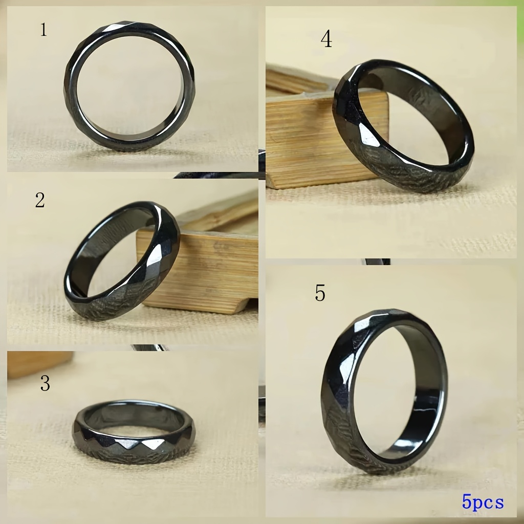 TEMU 5pcs Gdelgt Natural Hematite Stone Rings For - Rhombus-cut Smooth Polished Suitable For Wedding, Everyday Jewelry Gift, Minimalist Korean Style