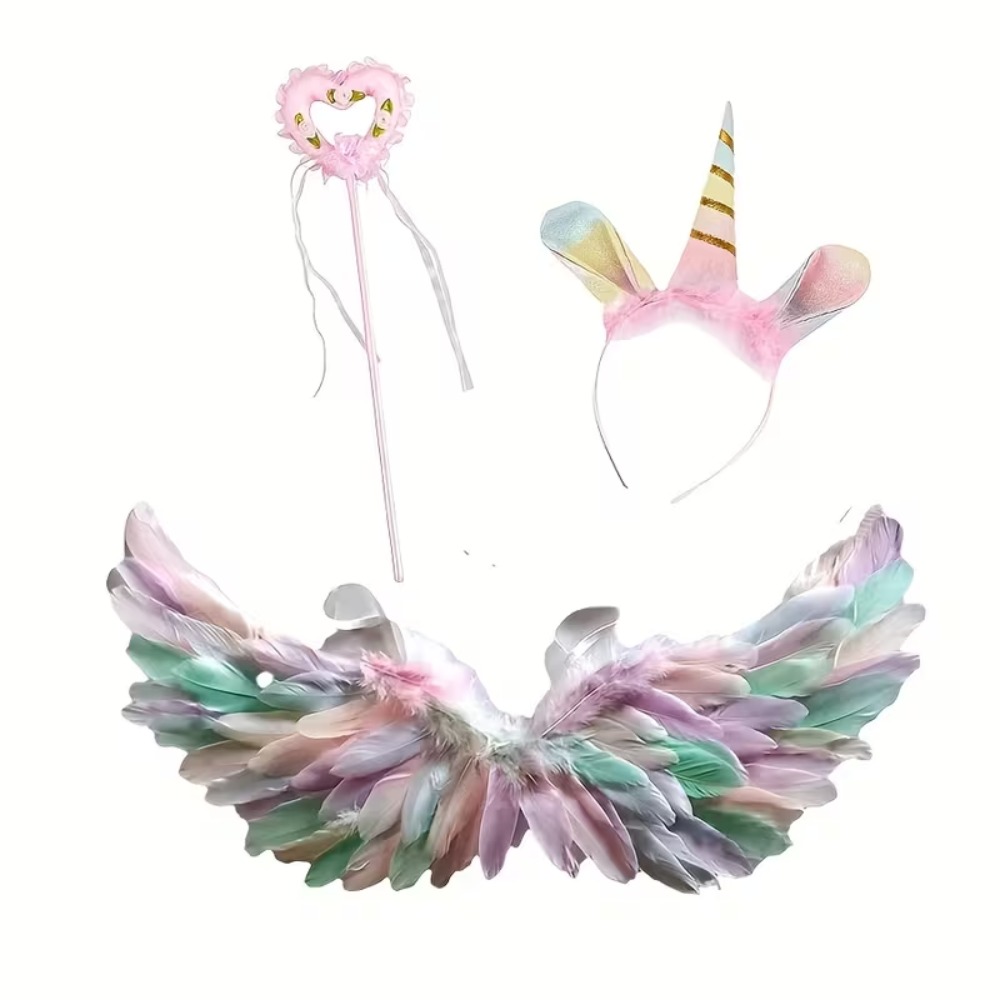 TEMU 3pcs Set, Women's Accessories, Pink Unicorn Headband With Heart-shaped Multicolored Wings, Suitable For Halloween, Stage Play Performances, And