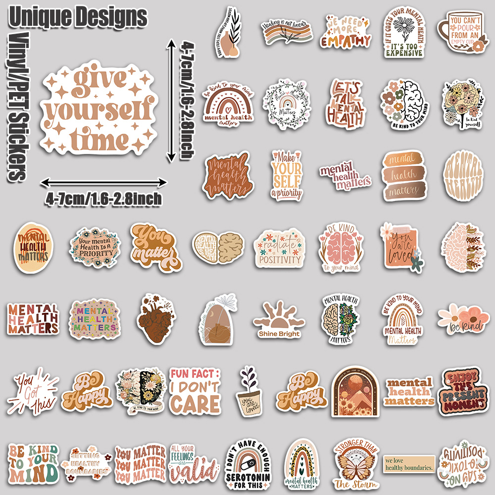 TEMU 50pcs Boho Mental Health Aesthetic Tablet Stickers Pack Perfect For Holiday Party Birthday And Home Decor Suitable For Laptop Luggage Scooter