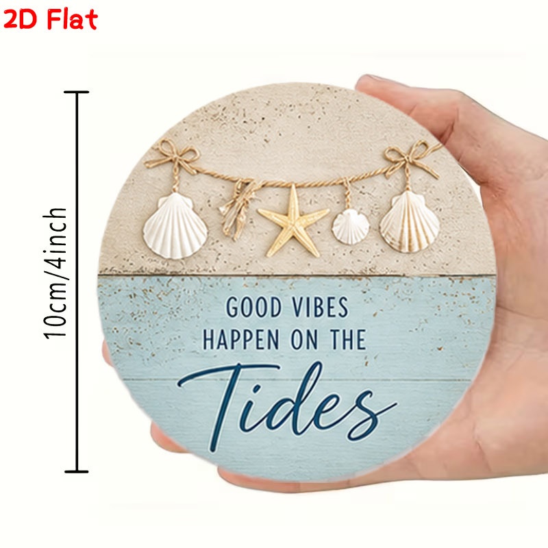 TEMU Coastal Beach Themed Wooden Coasters, 2d Flat Printed With Seashell And Starfish Patterns And " Better " Text, Set Of 6, Suitable For Home And