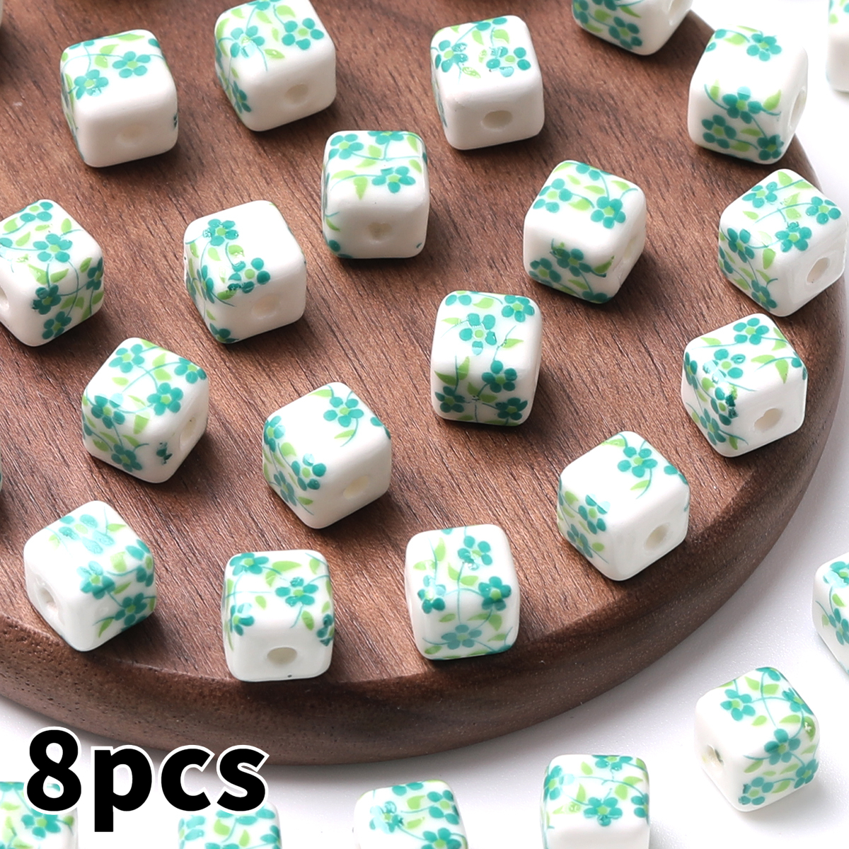 8pcs/16pcs Cube Printed Flowers Glazed Square Ceramic Beads for DIY Jewellery