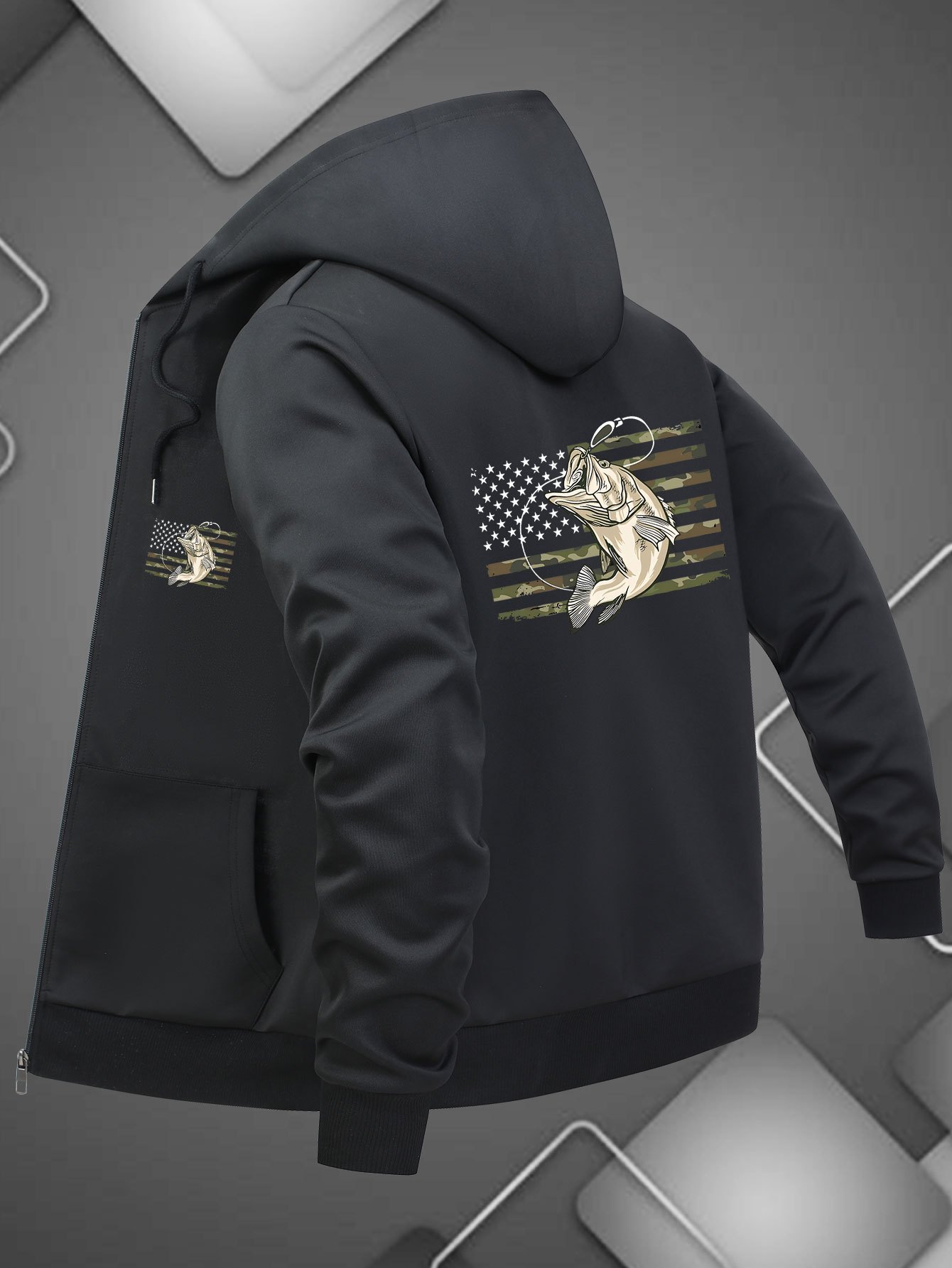 mens casual hooded jacket american flag fish print black zip