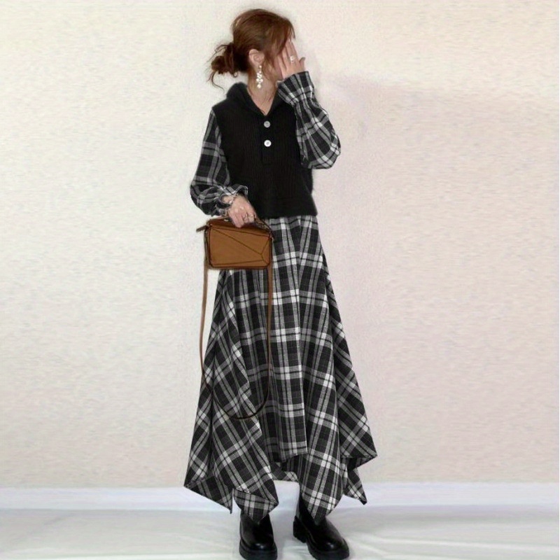 2025 Autumn New Check Spliced Bubble Dress - Asymmetrical Hem Slim Silhouette, Japanese Modern Casual & Office Wear, Black & White Contrast, Fitted Top & Flowy Skirt, Machine Washable, Fitted Waistband