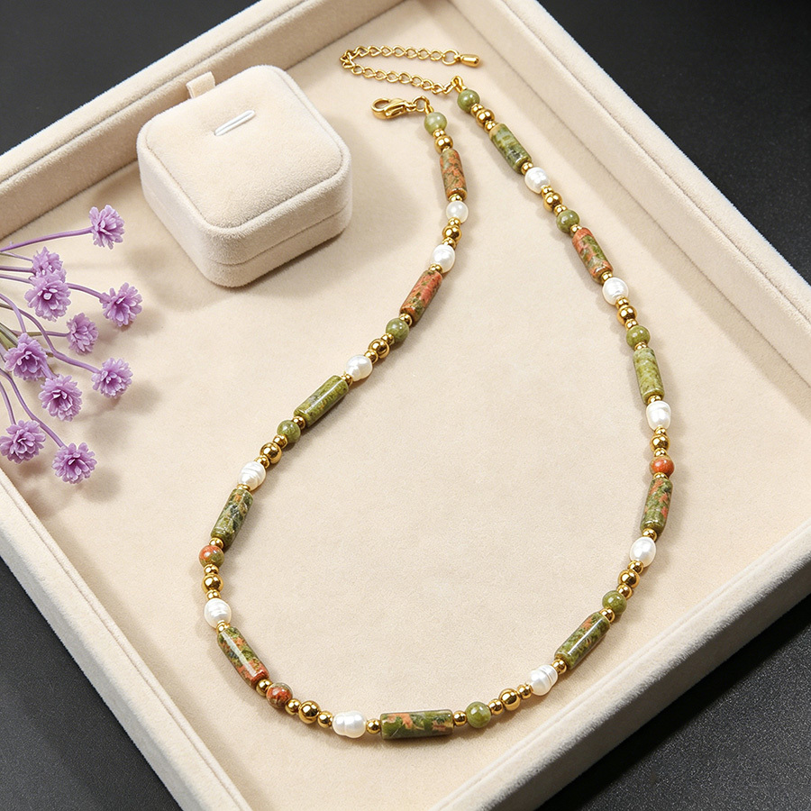 Women's Minimalist Cylinder Bead Necklace with Golden Accents
