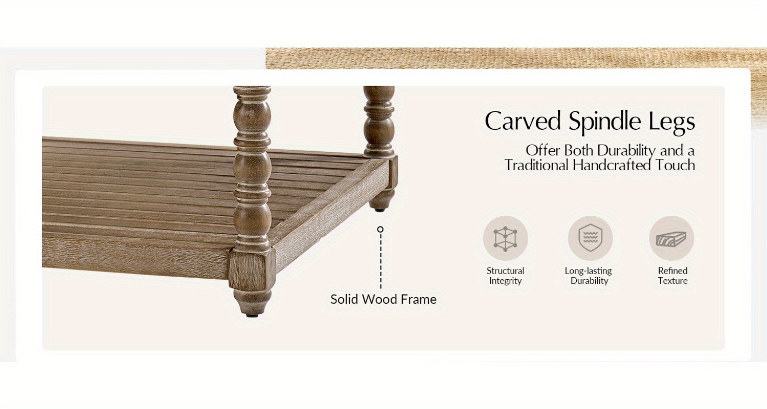 Rectangular Upholstered Coffee Table Ottoman Featuring Spindle Wooden Legs, Tufted Design, And a Solid Wood Storage Shelf for The Living Room