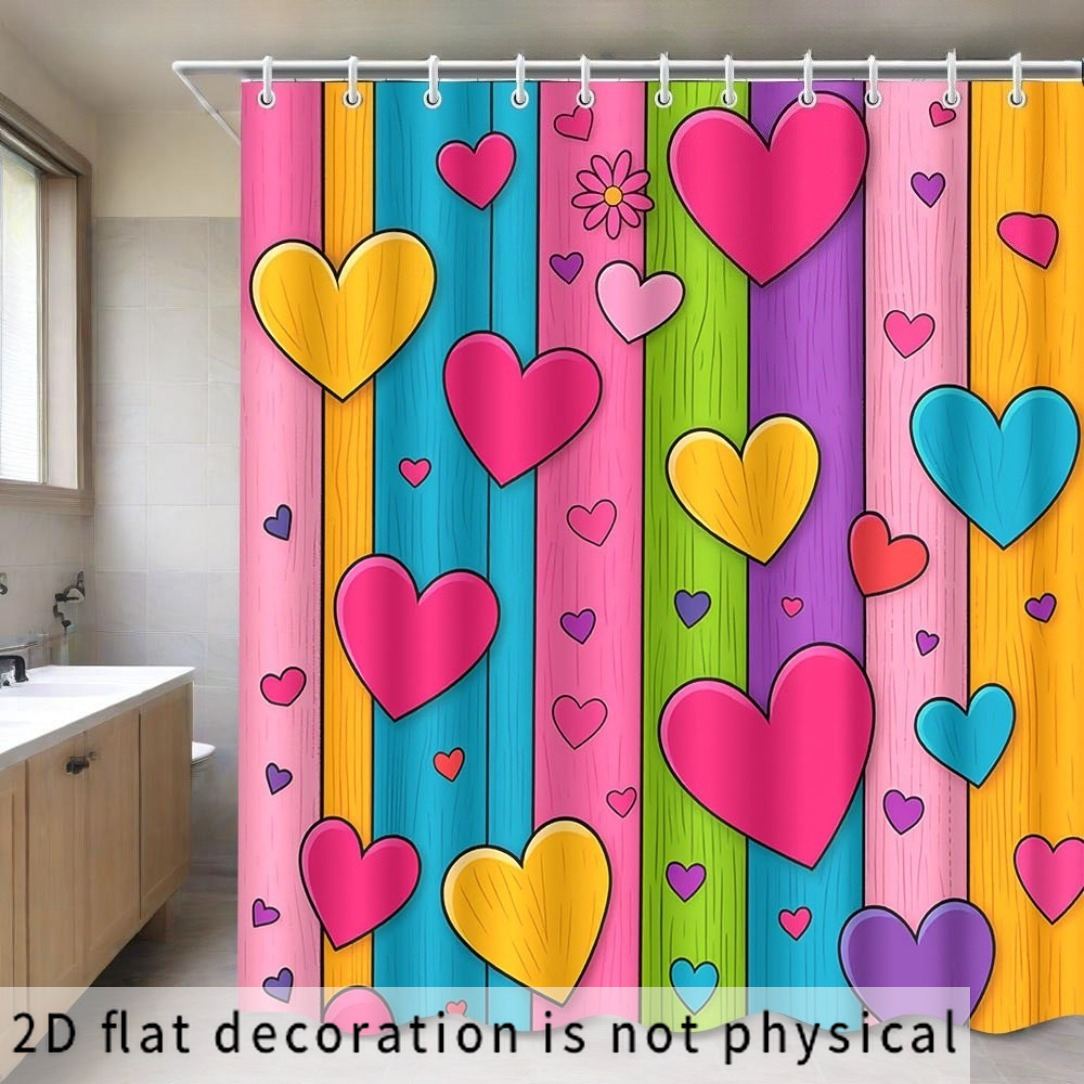 TEMU 2d Flat, 2d Flat, 2d Curtain 1pc, Colorful Heart Pattern Shower Curtain, And Quirky Design, Suitable For Bathrooms, Ideal Bathroom Decor, With
