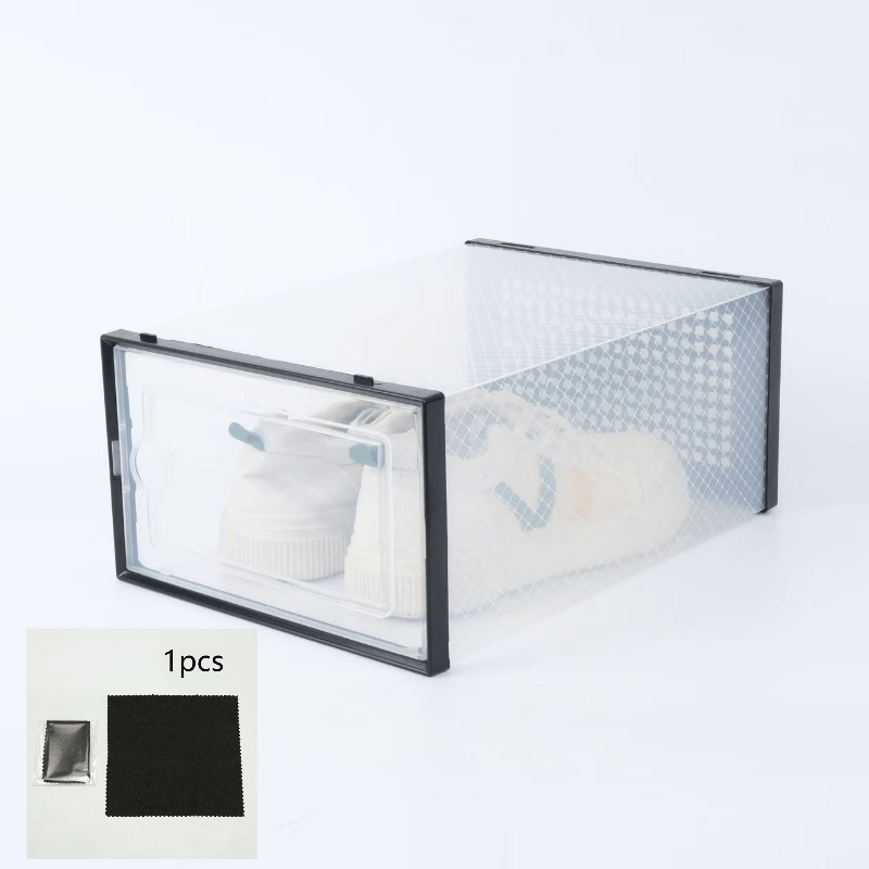 TEMU 2pcs Set: 1 Black Plastic Storage Box + 1 Black Cleaning Cloth, Dustproof Shoe Rack, Shoe Cabinet Organizer, Stylish Minimalist Transparent Shoe