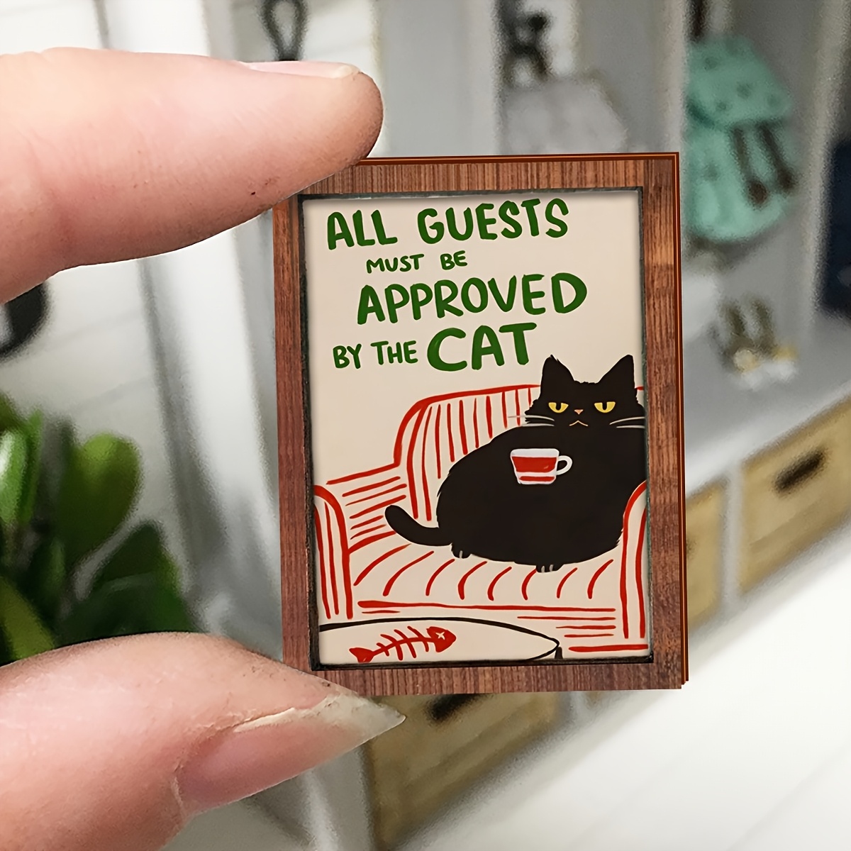 TEMU 1pc Mini Miniature Accessory Single--dimensional Black Cat Lying On Sofa Drinking Tea Pattern Interesting Rectangular Wooden Ornament Miniature