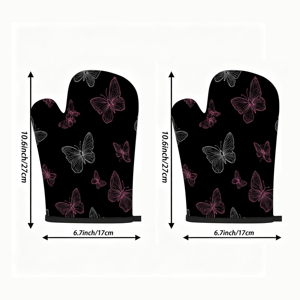 TEMU Lot de 2 maniques de four, noires avec imprimé papillon au trait rose et blanc, gants résistants à la chaleur avec crochets pour un rangement