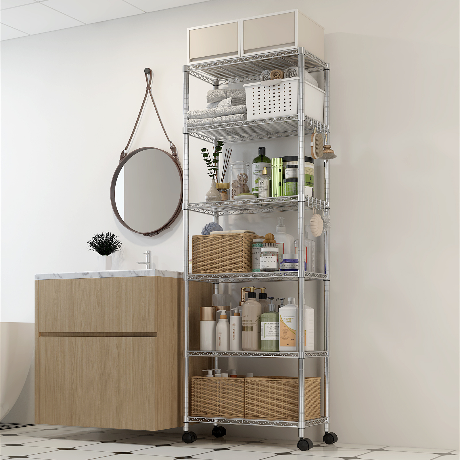 E-shop 1020LBS Schwerlast-Bücherregal Industriequalität Metallregal mit Rollen Einfacher Werkzeugfreier Aufbau Verstellbare Drahtregale für Home Office
