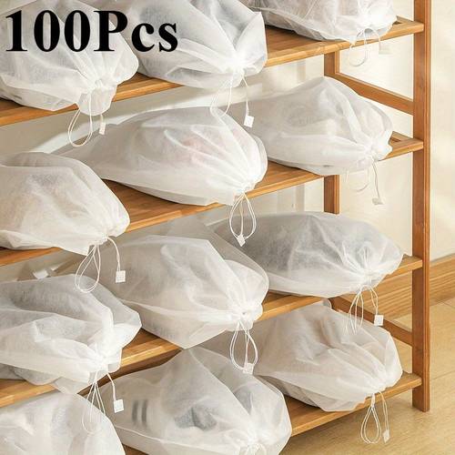 100pcs set white portable shoes bag casual and lightweight drawstring storage bag dust proof pouch