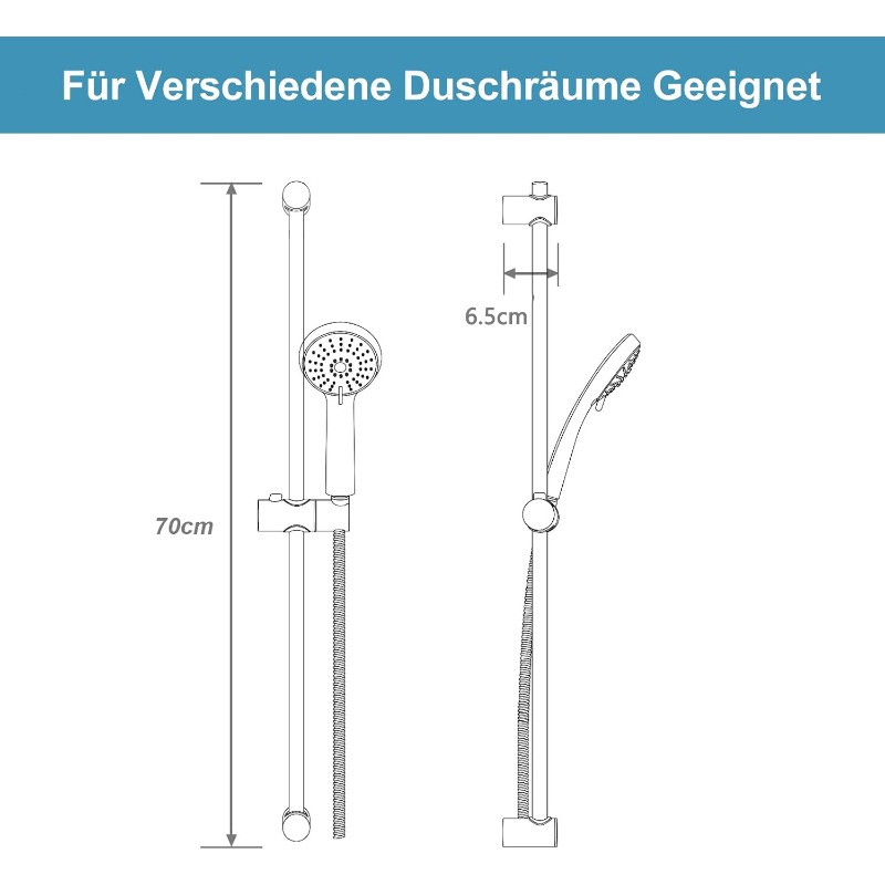 Image of Premium Stainless Steel Shower Set - 70cm Rod, 1.5m Hose, Round Head, Height-adjustable Design, Practical Bathroom Essential